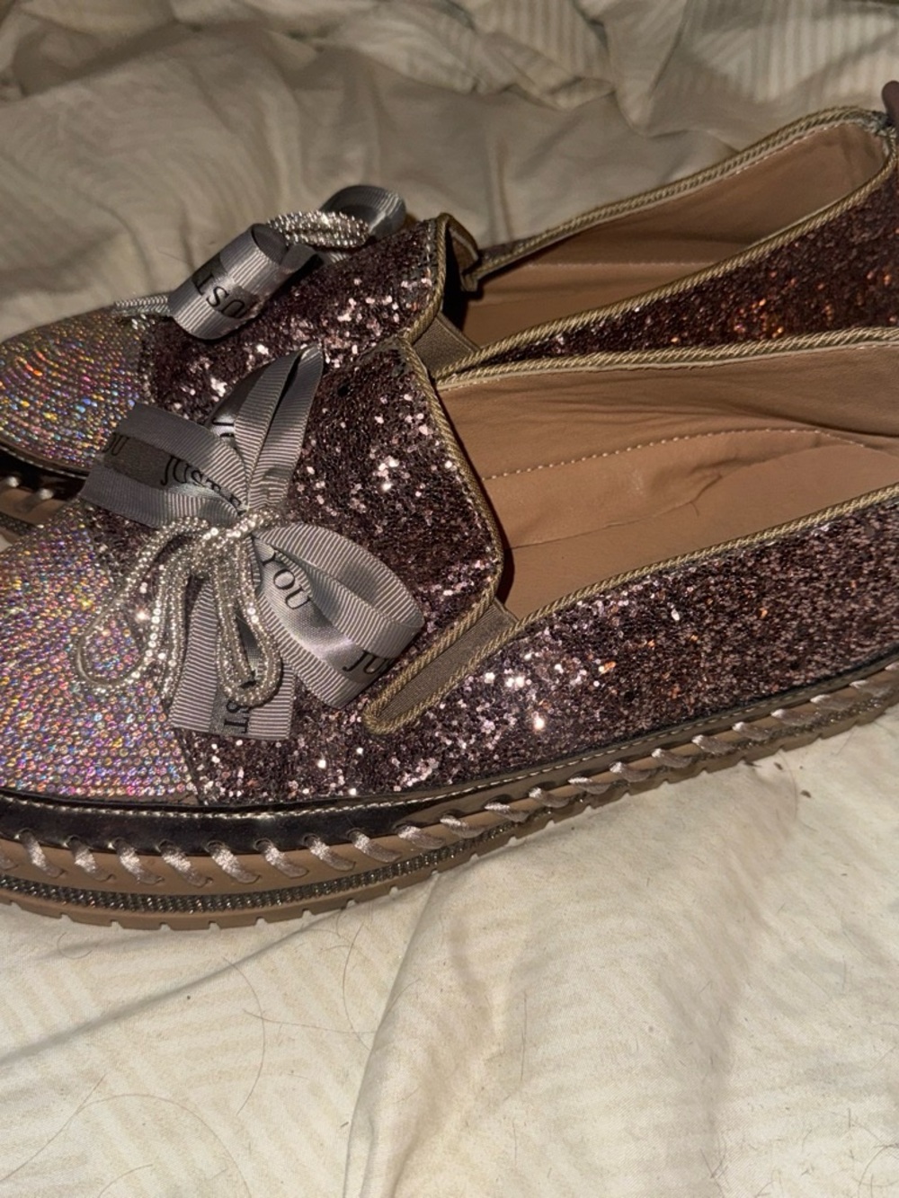 Sparkle Bow Loafers in Rose Gold Glitter